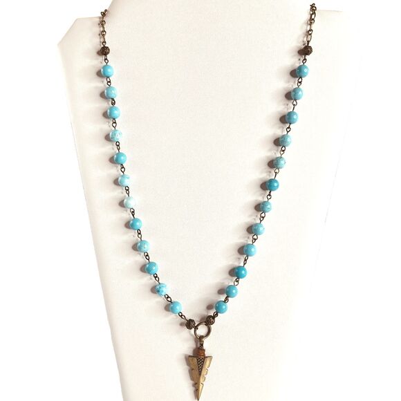 Beaded Turquoise Necklace With Arrowhead Pendant 24" Long Artisan Made NWT - Picture 4 of 7